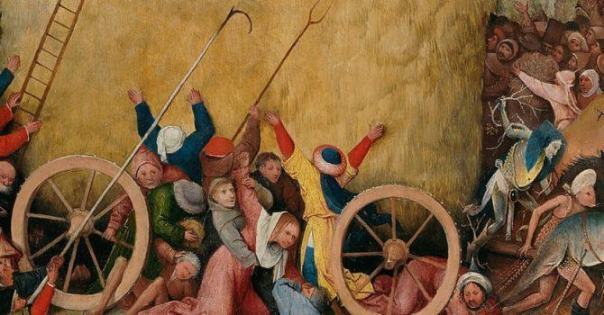 People contend for the hay. Some (on the far right) are led by devils to hell. (Public Domain)