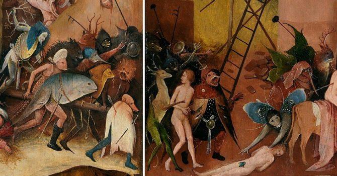 The far right portion of the central panel and the left panel show the devils first leading and then torturing their prey. (Public Domain)