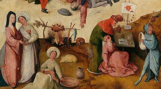 Some people (in the central panel) are involved in everyday activities, indifferent to the hay. (Public Domain)