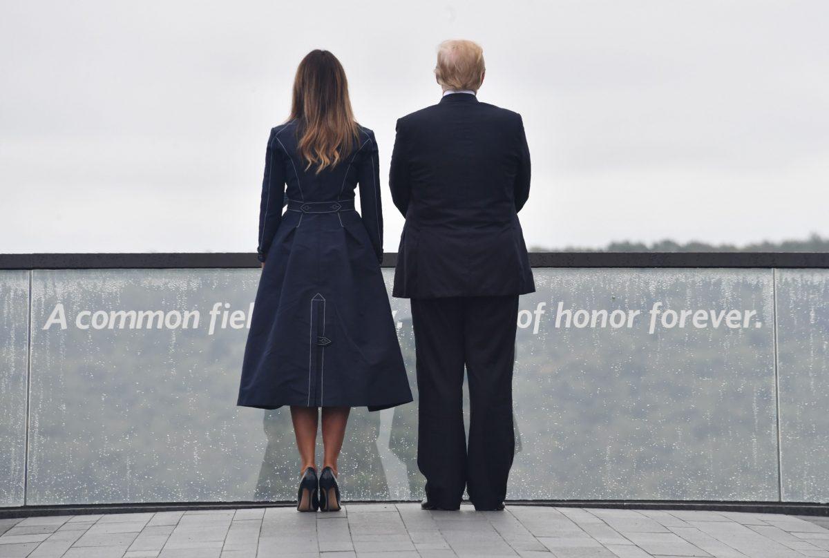 President Donald Trump and First Lady Melania Trump arrive at the site of a new memorial where Flight 93 crashed on 9/11, in Shanksville, Pa., on Sept. 11, 2018. (NICHOLAS KAMM/AFP/Getty Images)