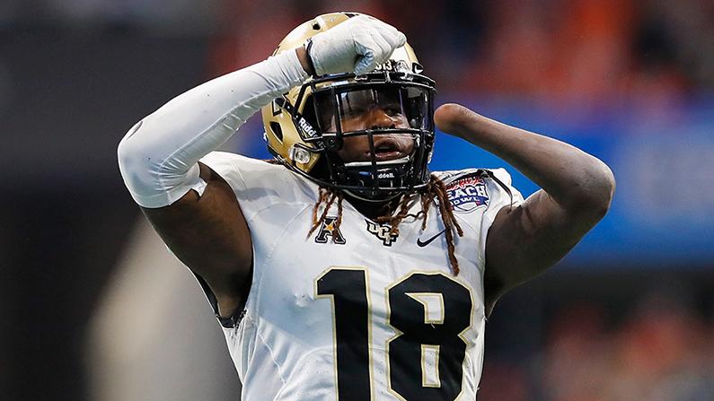 Shaquem Griffin #18 of the UCF Knights celebrates during the Chick-fil-A Peach Bowl at Mercedes-Benz Stadium on Jan. 1, 2018. (Kevin C. Cox/Getty Images)