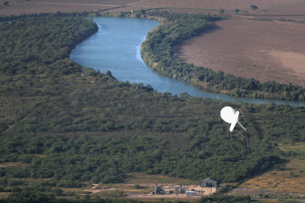 A U.S. Border Patrol Aerostat hot-air surveillance balloon flies near the Rio Grande at the U.S.-Mexico border in La Joya, Texas, on Aug. 18, 2016. (John Moore/Getty Images)