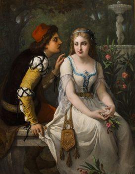 Romeo is besotted by Juliet immediately. “Romeo and Juliet,” 1898, by Jules Salles-Wagner. (Public Domain)