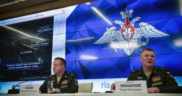 File photo of Russia's defence ministry spokesman Maj. Gen. Igor Konashenkov (R) and the Chief of the Main Rocket and Artillery Department Lt. Gen. Nikolai Parshin at a press briefing in Moscow on Sept. 17, 2018. (Vasily Maximov/AFP/Getty Images)