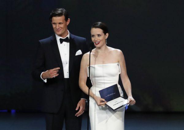 Presenters Claire Foy and Matt Smith during the 70th Primetime Emmy Awards in Los Angeles, Calif., on Sept. 17, 2018. (Mario Anzuoni/Reuters)