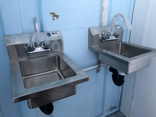 Sinks in the in-progress shipping container in Garden Grove, Calif. on Sept. 16, 2018. (Annie Wang/Epoch Times)
