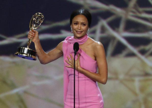 Thandie Newton for Westworld wins the Emmy for Outstanding Supporting Actress in a Drama series on Sept. 17, 2018, in Los Angeles, Calif. (Mario Anzuoni/Reuters)