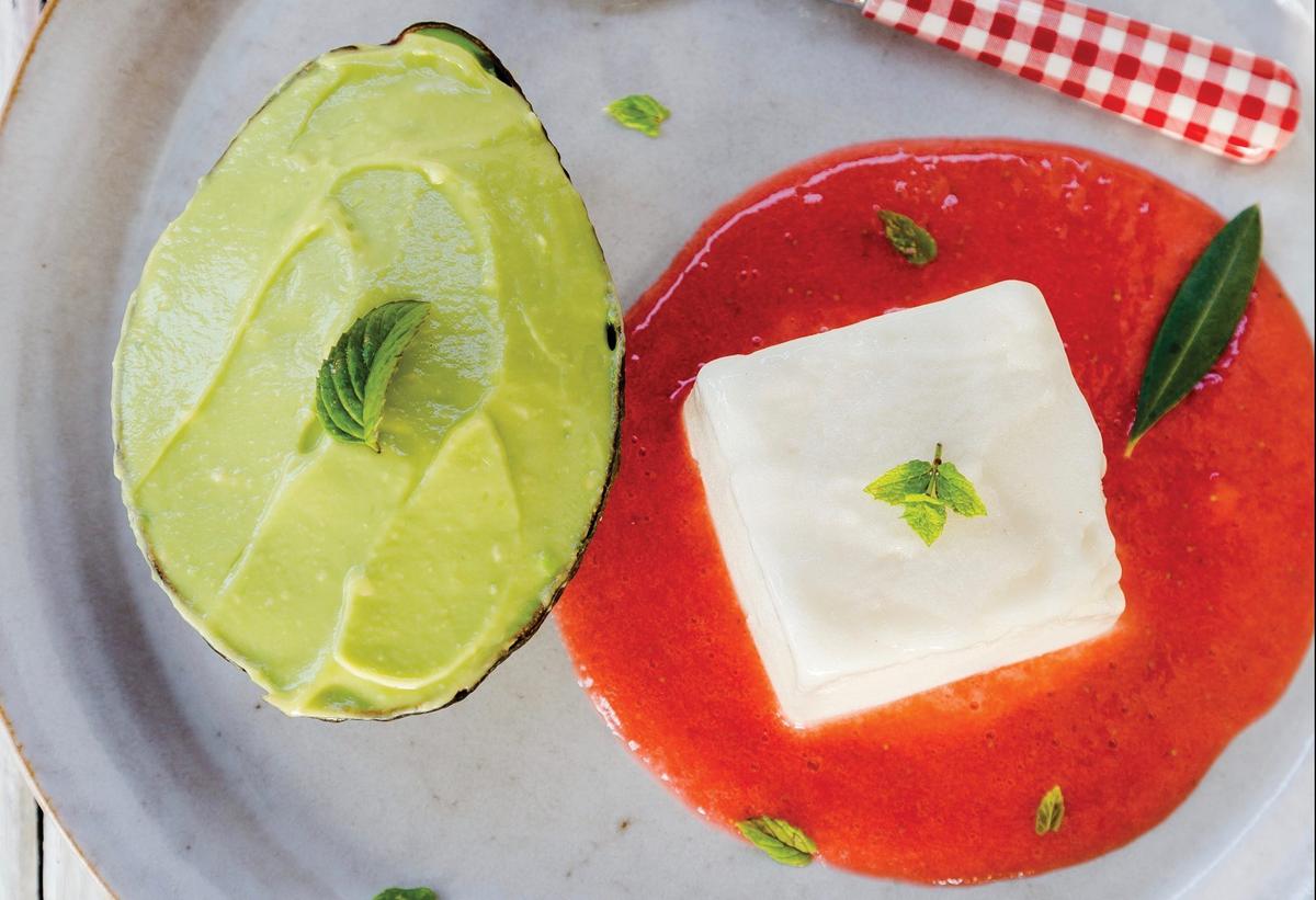 Avocado Mousse With Raspberry Sauce and Lychee Granita
