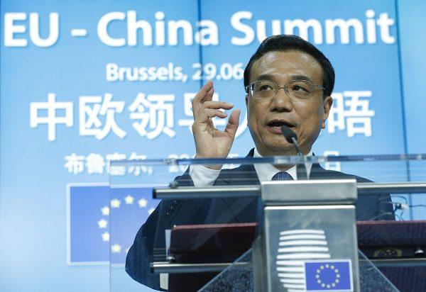 Chinese Premier Li Keqiang gives a joint press conference after the 17th bilateral EU-China summit at the EU Council headquarters in Brussels on June 29, 2015. (Julien Warnand/AFP/Getty Images)