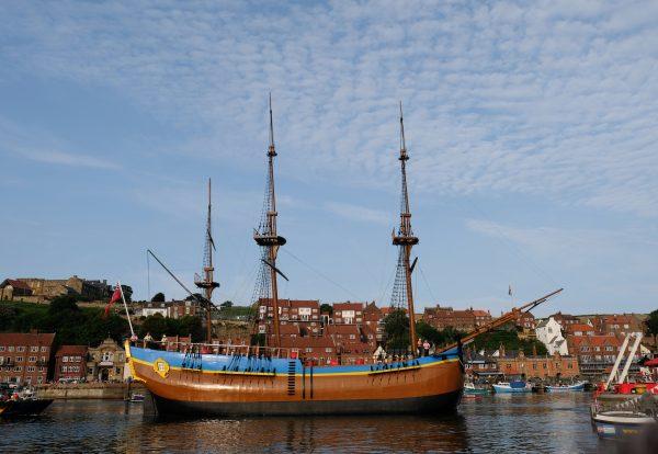 A full-sized replica of Captain Cook's famous ship Endeavour, in Whitby Harbor, England on June 1, 2018. (Ian Forsyth/Getty Images)