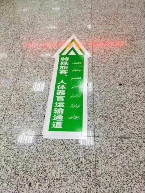 A sign at Kashgar Airport, reading "Special Passengers, Human Organ Exportation Lane," in Xinjiang, in China's Uyghur Autonomous Region. The photo is courtesy of Enver Tohti, who was forced to harvest organs in China; the former surgeon now speaks out about the evils of China's transplant trade. The sign is a testament to the volume of organ transplants happening in China. (courtesy of Enver Tohti)