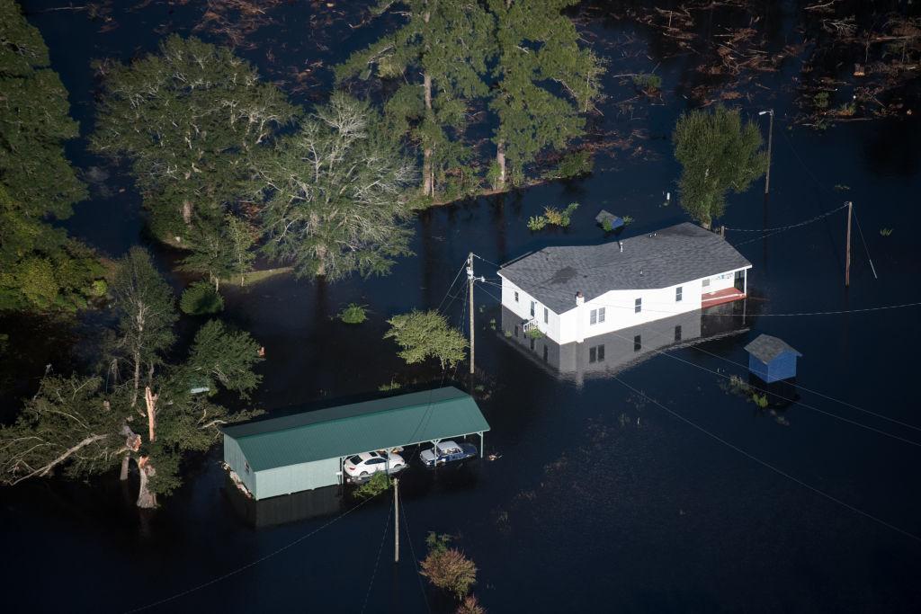 Floodwaters from Hurricane Florence surround two homes in Conway, S.C., on Sept. 17, 2018. (Sean Rayford/Getty Images)