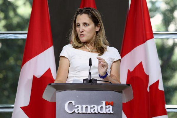 FILE PHOTO: Canadian Foreign Minister Chrystia Freeland takes part in a news conference at the Embassy of Canada in Washington, DC, U.S., August 31, 2018. (Chris Wattie/File Photo/Reuters)