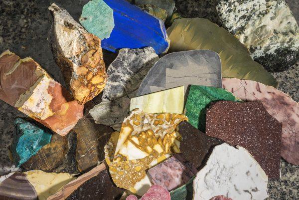 A selection of semiprecious stones. Some of the stones show the subdued tones of the Tuscan landscape, and others show the bright blues and greens of imported stones. (Guido Cozzi)