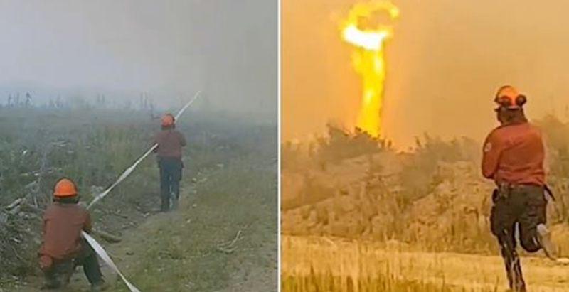 Firefighters in British Columbia, Canada, were captured on video getting a tug-of-war with a “firenado.” (CNN)