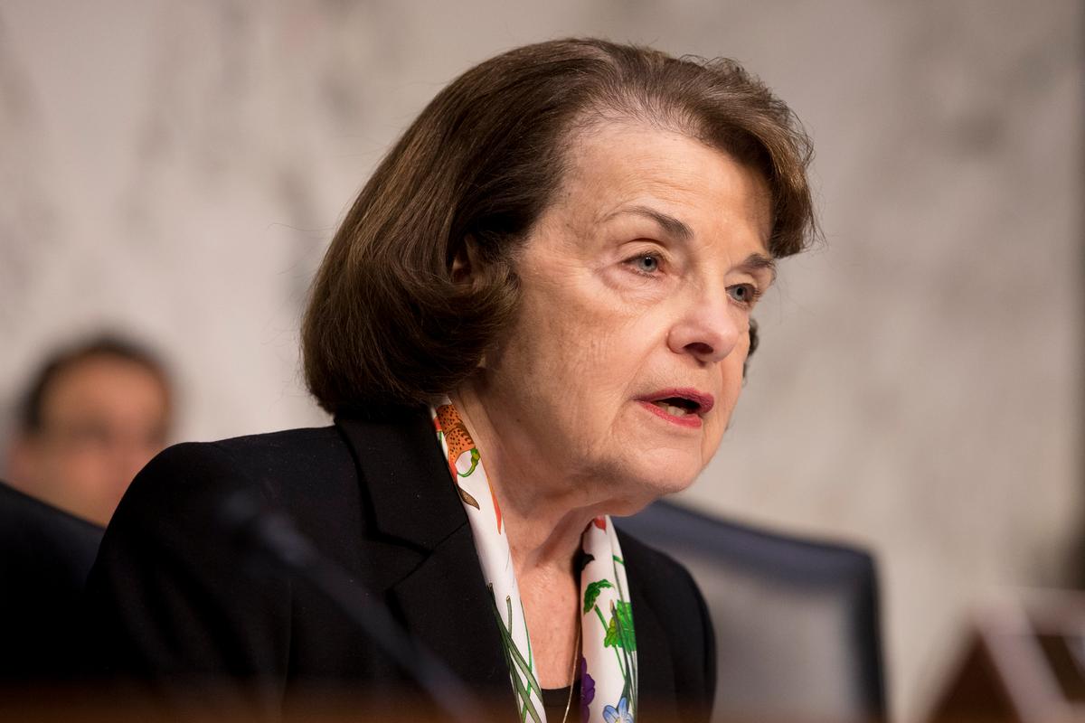 Ranking member Sen. Dianne Feinstein (D-Calif.) during a hearing about the massacre at Marjory Stoneman Douglas High School in the Hart Senate Office Building on Capitol Hill in Washington on March 14, 2018. (Samira Bouaou/The Epoch Times)