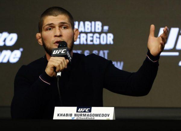 Nurmagomedov speaks at the Sept. 20 press conference for UFC 229. (Noah K. Murray-USA TODAY Sports)