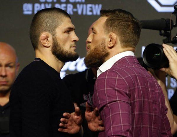 Khabib Nurmagomedov and Conor McGregor face off during a press conference for UFC 229 in New York, on Sept. 20, 2018. (Noah K. Murray-USA TODAY Sports)