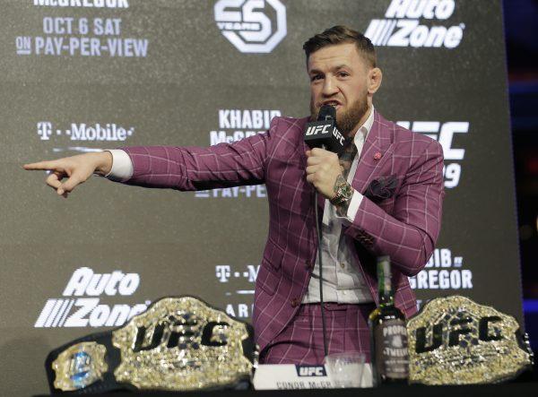 Conor McGregor participates in a news conference in New York, on Sept. 20, 2018. McGregor is returning to UFC after a two-year absence. He fights undefeated Khabib Nurmagomedov on Oct. 6. (AP Photo/Seth Wenig)