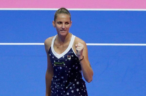 Karolina Pliskova of Czech Republic celebrates victory against Naomi Osaka during the Pan Pacific Open in Tokyo, Japan on Sept. 23, 2018. (Toru Hanai/Reuters)