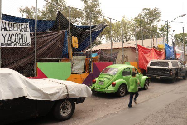 A makeshift camp on Sept. 19, 2018 at Multifamiliar Tlalpan, a housing development south of Mexico City, which sustained a lot of damage during the 2017 Mexico earthquake. (Tim MacFarlan/Special to The Epoch Times)