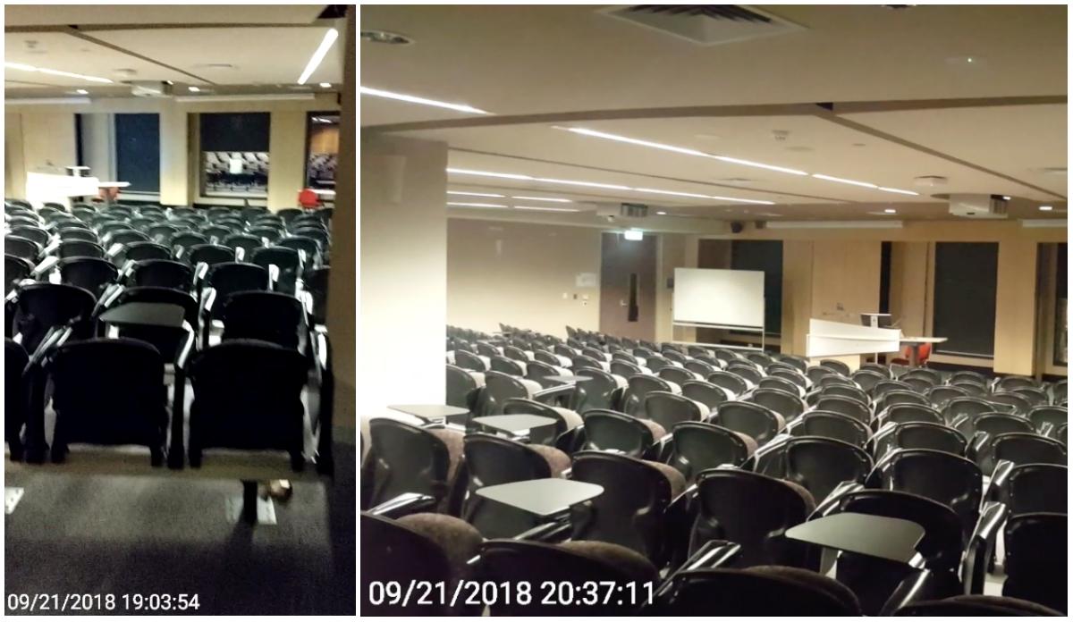 The picture on the left is the state of the theatre at 7 pm, and the picture on the right is at 8:30 pm. Both shows empty theatres at Victoria University on Sept. 21, 2018. (The Epoch Times)