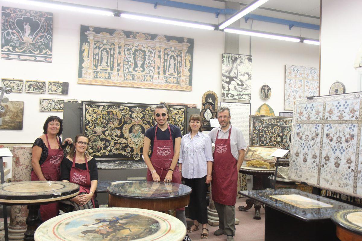 The Bianco Bianchi workshop in Pontassieve, Italy, on July 9, 2018. (L–R) Silvia Berlincioni, Elisabetta Bianchi, Leonardo Bianchi, Paola Lupelli Bianchi, and Alessandro Bianchi surrounded by historic pieces of scagliola. (Lorraine Ferrier/The Epoch Times)