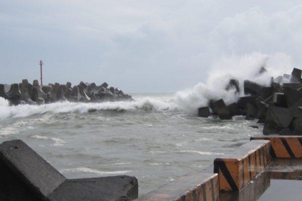A rather violent sea is broken by a groyne near the “Cats Nose” in southern Taiwan.