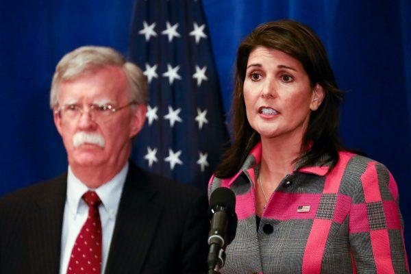 National Security Advisor John Bolton and United States Ambassador to the UN Nikki Haley at a press conference before the UN General Assembly in New York City on Sept. 24, 2018. (Charlotte Cuthbertson/The Epoch Times)