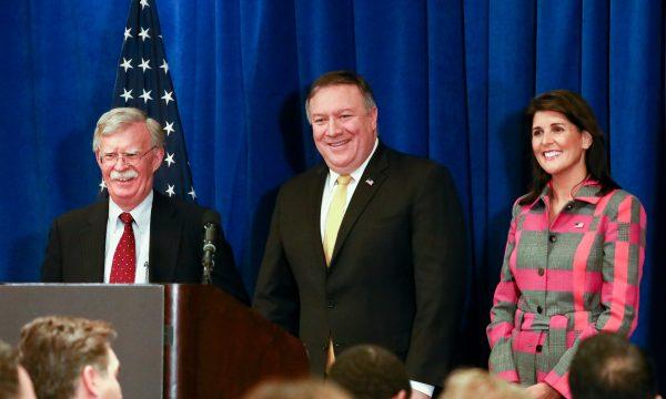 L to R: National Security Advisor John Bolton, Secretary of State Mike Pompeo, and United States Ambassador to the UN Nikki Haley hold a press conference before the UN General Assembly in New York City on Sept. 24, 2018. (Charlotte Cuthbertson/The Epoch Times)