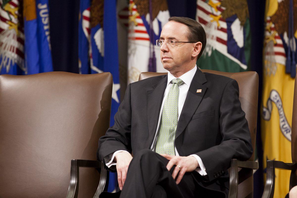 Deputy Attorney General Rod Rosenstein at the Department of Justice Human Trafficking Summit in Washington on Feb. 2, 2018. (Charlotte Cuthbertson/The Epoch Times)