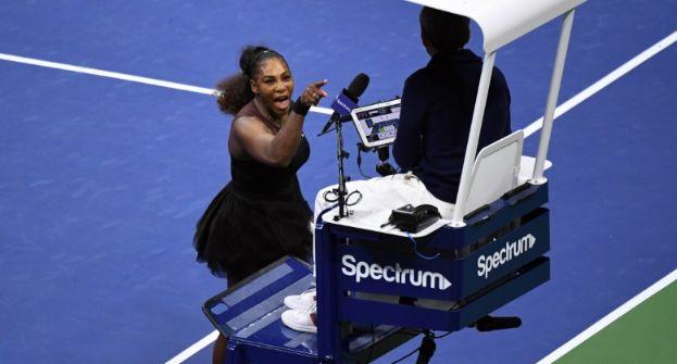 Serena Williams yells at umpire Carlos Ramos during her Women's Singles finals match against Naomi Osaka of Japan in New York City, on Sept. 8, 2018. (Jaime Lawson/Getty Images for USTA)