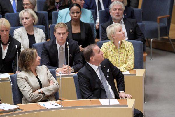 Swedish Prime Minister Stefan Lofven and Deputy Prime Minister Isabella Lovin in the Swedish parliament, where Lofven was ousted in a no-confidence vote on Sept. 25, 2018. (TT News Agency/Anders Wiklund via Reuters)