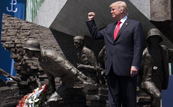 U.S. President Donald Trump in front of the Warsaw Uprising Monument on Krasinski Square during the Three Seas Initiative Summit in Warsaw, Poland, on July 6, 2017. (Saul Loeb/AFP/Getty Images)
