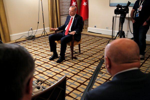 Turkish President Recep Tayyip Erdogan sits during an interview in New York on Sept. 25, 2018. (Reuters/Andrew Kelly)