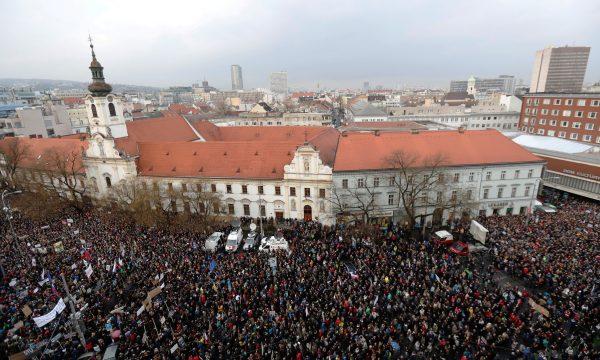 Demonstrators attend a protest rally in reaction to the murder of Slovak investigative reporter Jan Kuciak and his fiancee Martina Kusnirova, in Bratislava, Slovakia, on March 16, 2018. (David W. Cerny/Reuters)