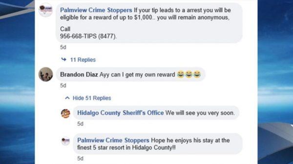 Wanted theft suspect Brandon Diaz contributed to his own apprehension by posting a question on social media about his own reward. (Screenshot via Palmview Crime Stoppers Facebook)