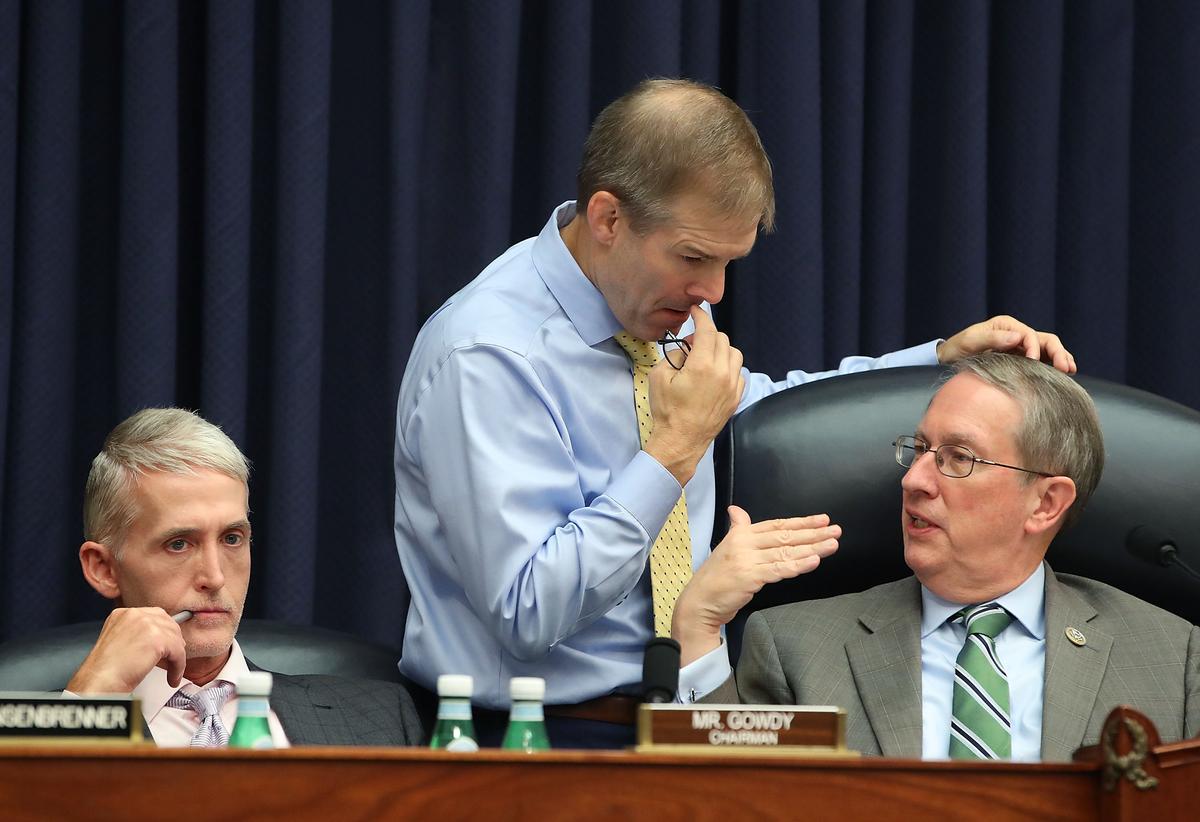 Rep. Bob Goodlatte (R) with Rep. Jim Jordan (C) and Rep. Trey Gowdy in the Rayburn House Office Building on Capitol Hill on July 12, 2018. (Mark Wilson/Getty Images)