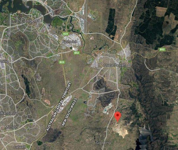 The map shows a marker that indicates the location of Googong Road. The attack occurred somewhere on this road. (Screenshot/Google Maps)