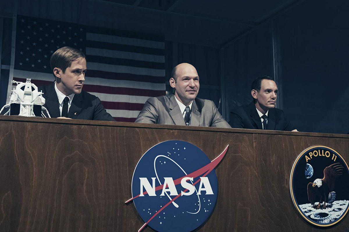 (L–R) Ryan Gosling, Corey Stoll, and Lucas Hass in “First Man.” (Daniel McFadden/Universal Pictures)