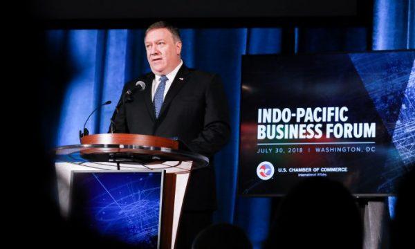 Secretary of State Mike Pompeo at the Indo-Pacific Business Forum at the U.S. Chamber of Commerce in Washington on July 30, 2018. (Samira Bouaou/The Epoch Times)