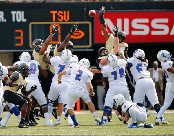 A Tennessee State Tigers player misses a field goal against the Vanderbilt Commodores during the first half at Vanderbilt Stadium on Sept. 29, 2018, in Nashville, Tenn. (Frederick Breedon/Getty Images)