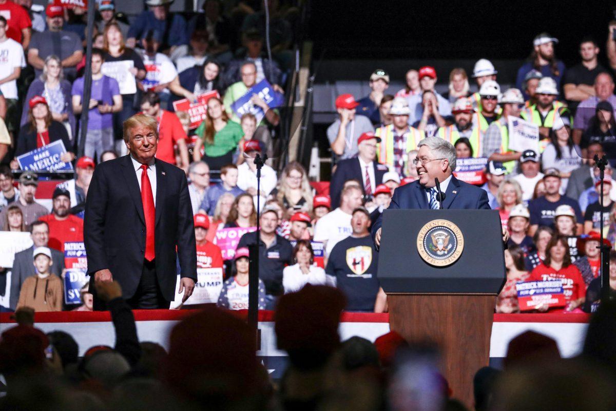 President Donald Trump and Republican congressional candidate Patrick Morrissey at a Make America Great Again rally in Wheeling, West Va., on Sept. 29, 2018. (Charlotte Cuthbertson The Epoch Times)