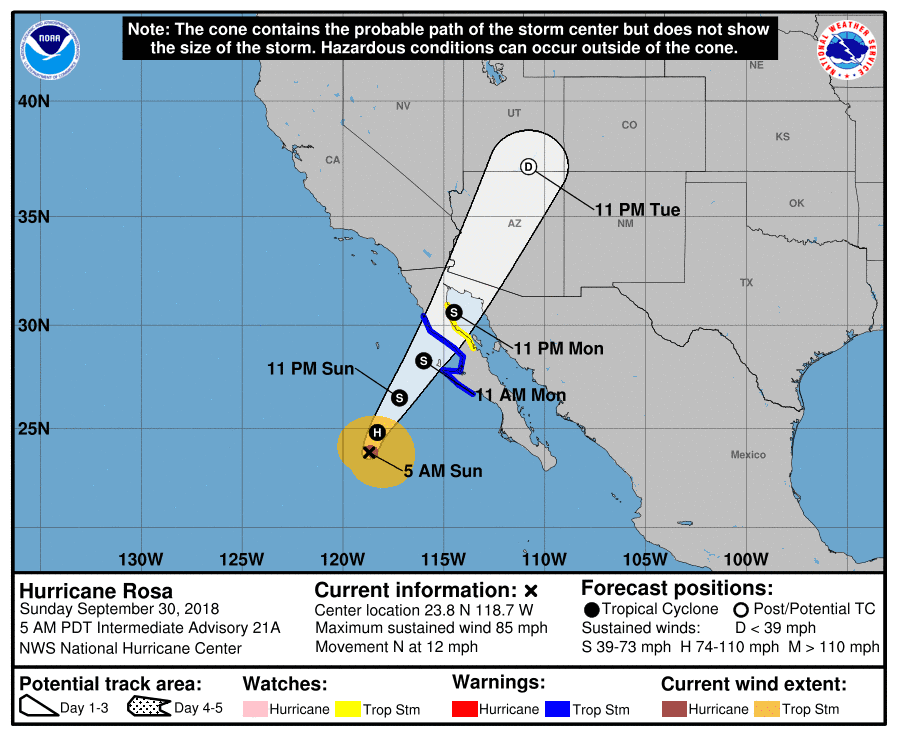 The NHC said that Rosa is a Category 1 hurricane with 85 mph winds, moving 12 mph to the north. (NHC)