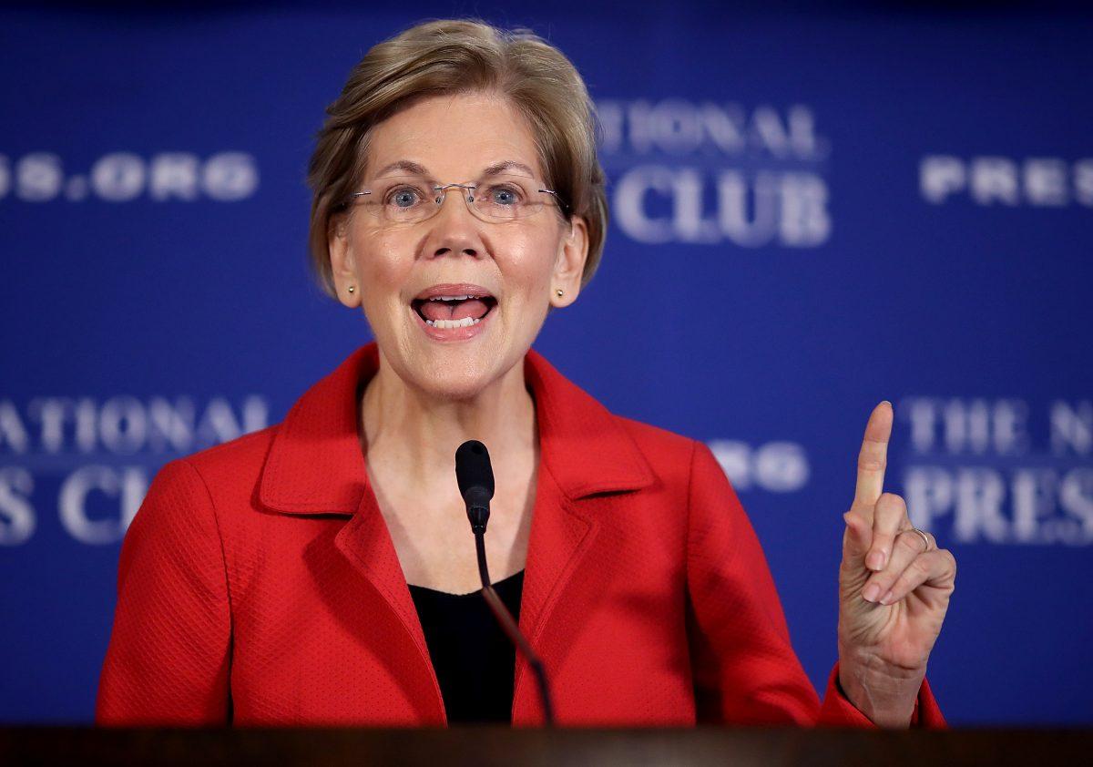 Sen. Elizabeth Warren (D-Mass.) speaks at the National Press Club in Washington on Aug. 21, 2018. (Win McNamee/Getty Images)