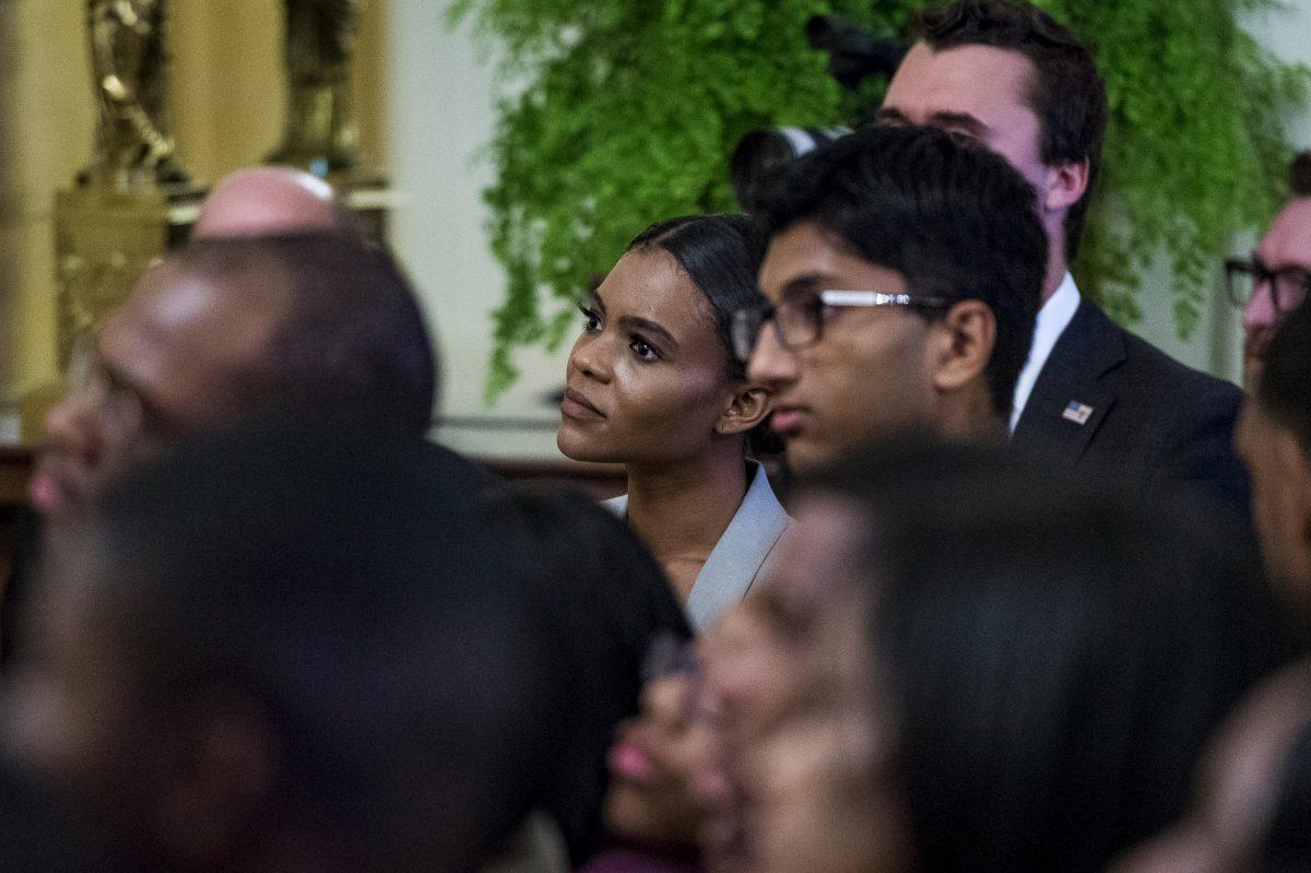 Turning Point USA communications director Candace Owens looks on as U.S. President Donald Trump addresses young black conservative leaders from across the country as part of the 2018 Young Black Leadership Summit at White House in Washington on Oct. 26, 2018. (Pete Marovich/Getty Images)
