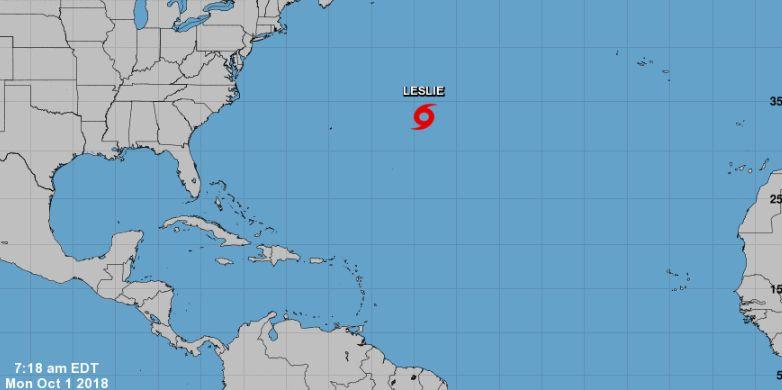 There are no coastal watches or warnings for Tropical Storm Leslie, which has been meandering in the central Atlantic for the past several days as of the morning of Oct. 1, 2018. (NHC)