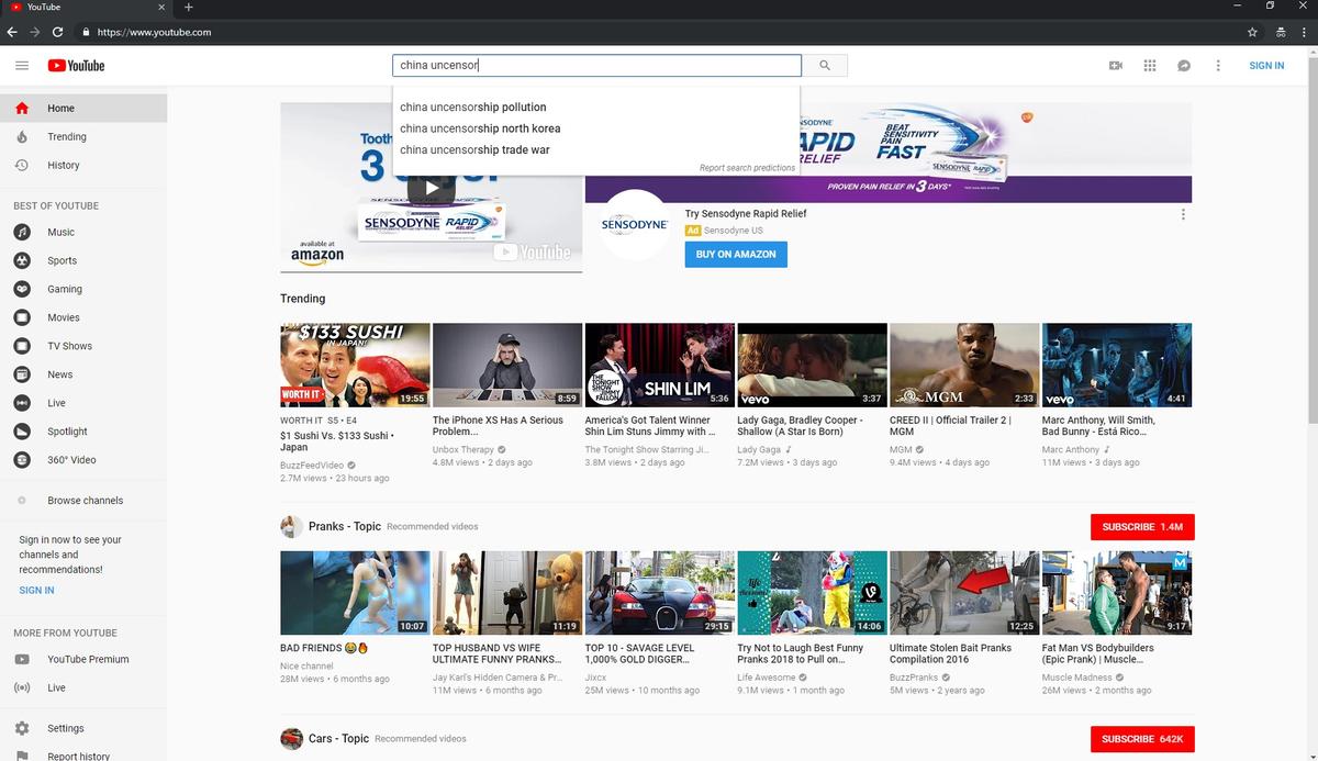 Youtube search suggestions for phrase "china uncensored" on Oct. 1, 2018. (Screenshot via Youtube)