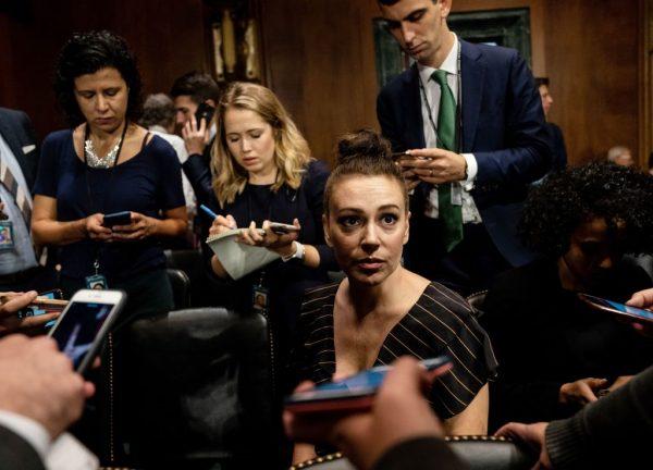 Actress Alyssa Milano talks to media before the Senate Judiciary Committee hearing on the nomination of Brett Kavanaugh in Washington DC, on Sept. 27, 2018. (Erin Schaff/AFP/Getty Images)