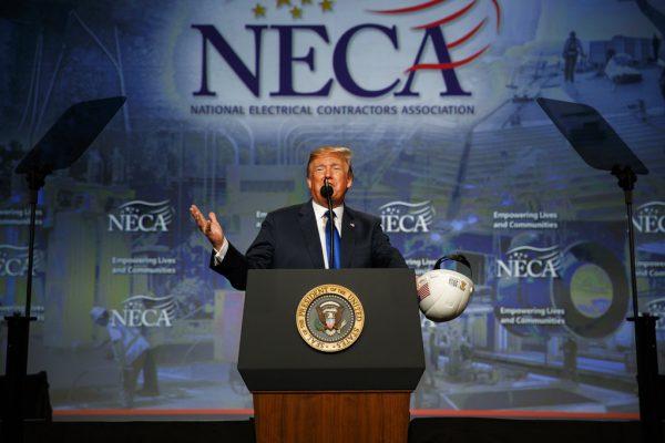 President Donald Trump speaks to the National Electrical Contractors Association Convention at the Pennsylvania Convention Center in Philadelphia, on Oct. 2, 2018. (Evan Vucci/AP)